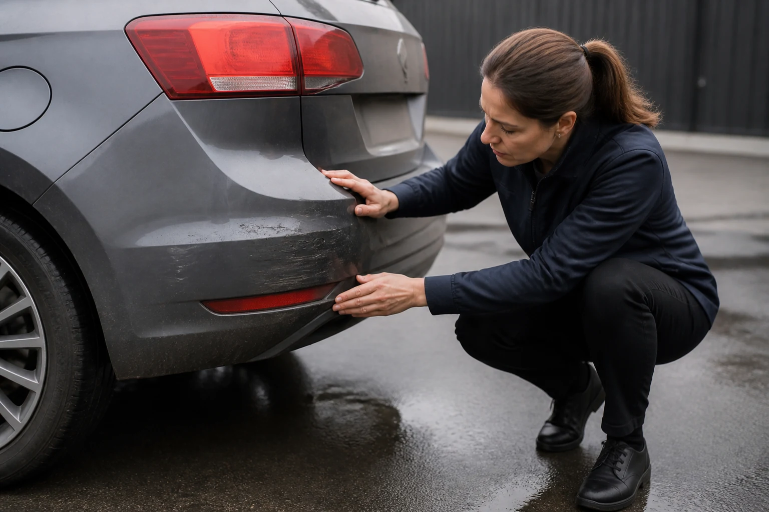 Experte examinant un dommage sur un véhicule neutre