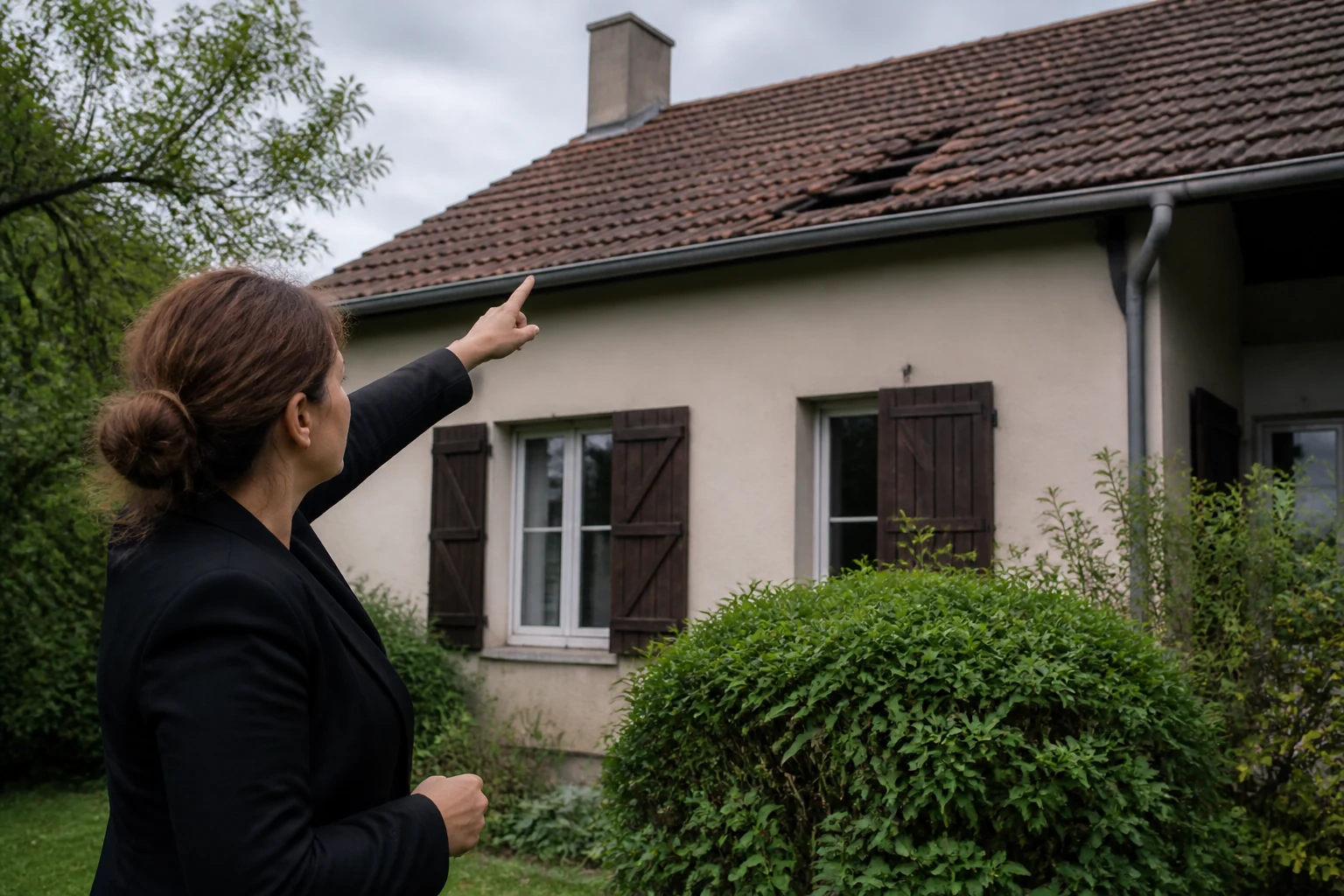Experte observant une toiture après une tempête