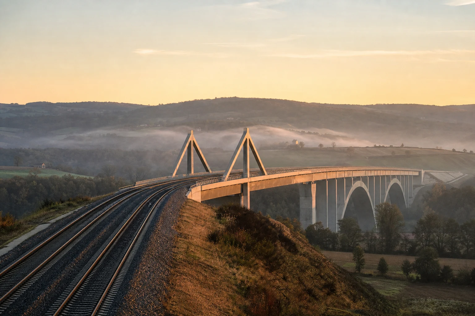 Pont ferroviaire européen achevé dans une vallée