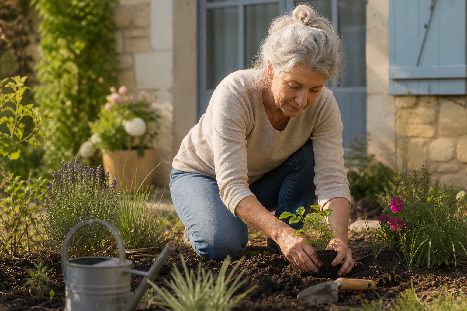 Retraitée entretenant le jardin de son logement