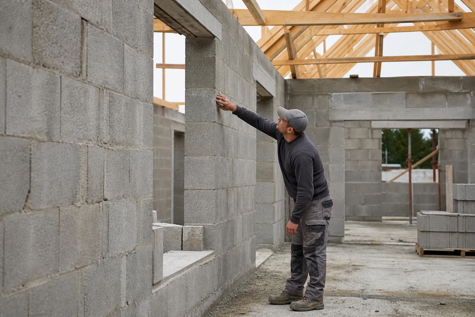 Maçon contrôlant un mur sur un chantier de maison