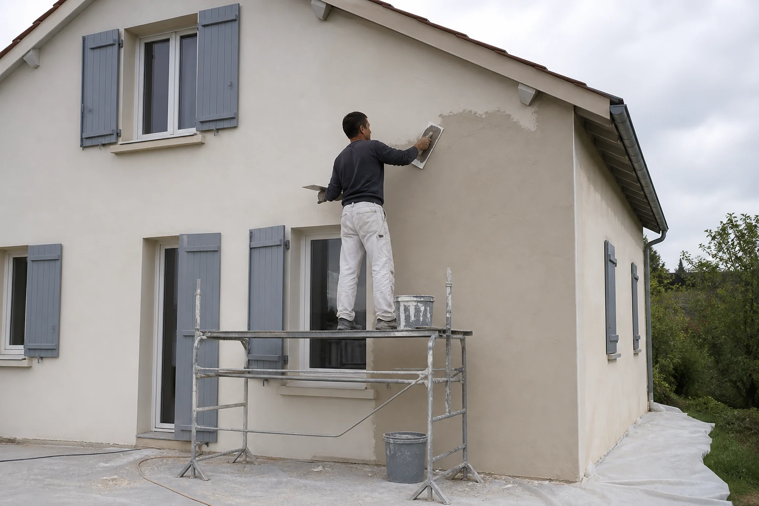 Artisan terminant l’enduit d’une façade