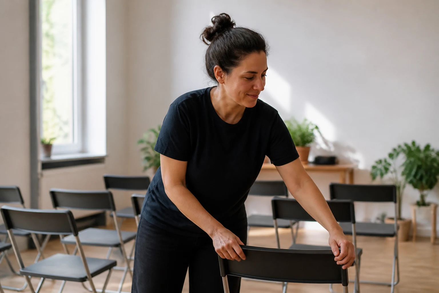 Femme préparant une salle pour un projet collectif