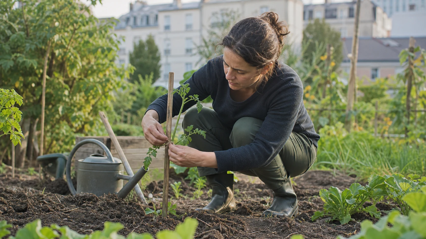 Bénévole engagée dans un jardin partagé