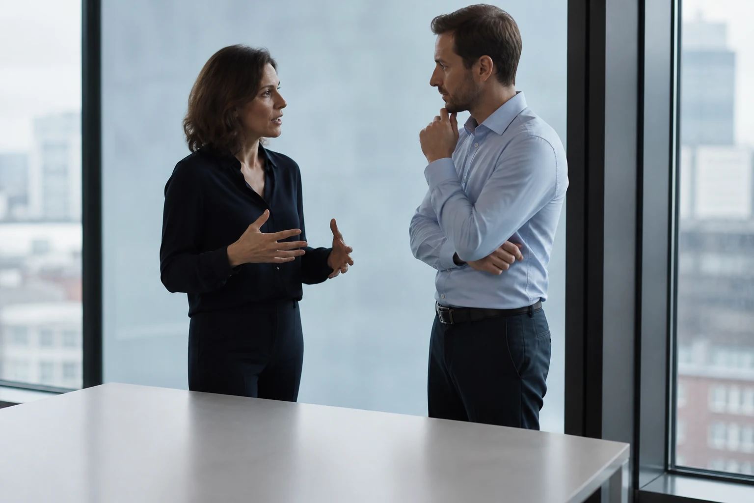 Deux analystes discutant dans un bureau vitré