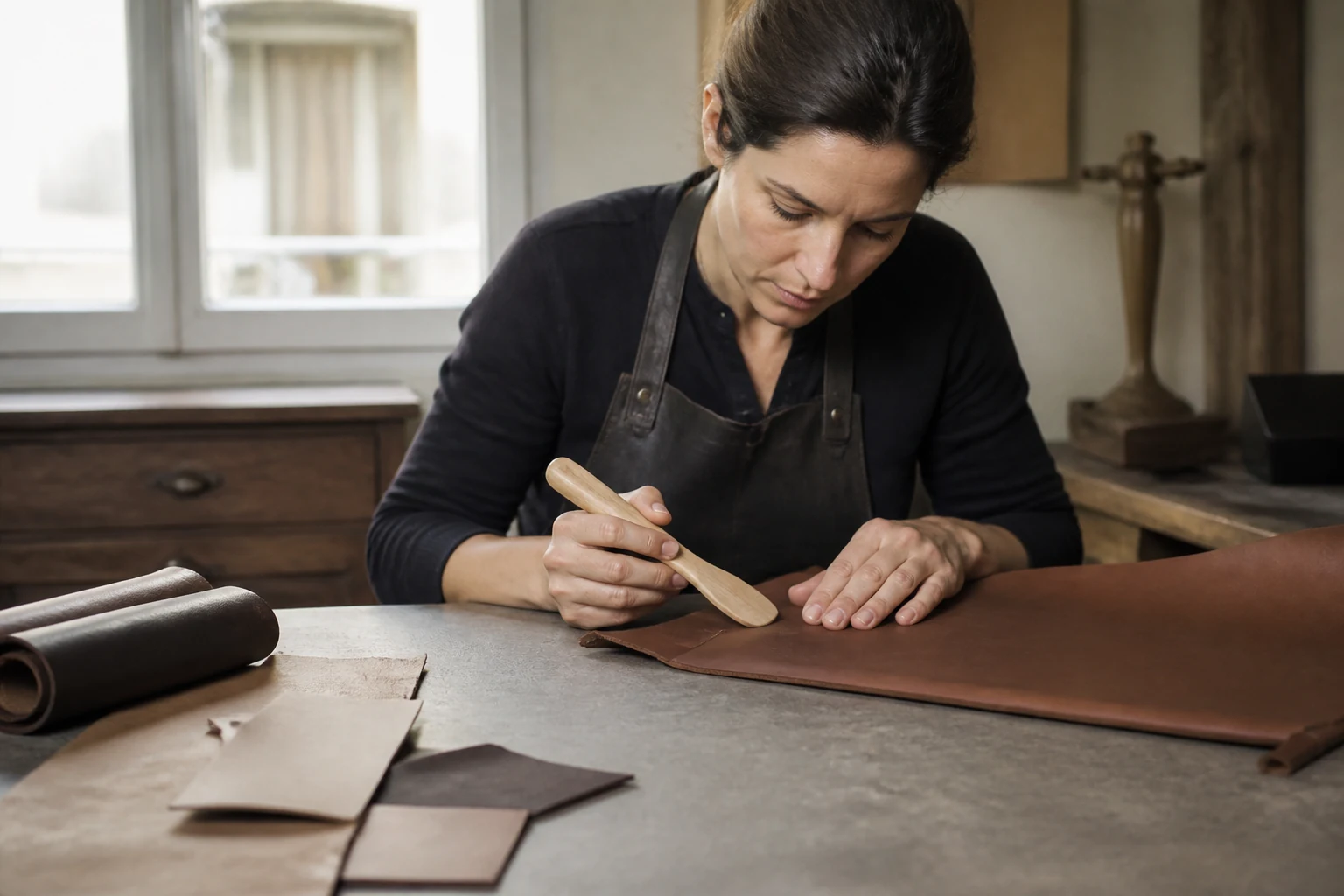Artisane travaillant le cuir dans un atelier
