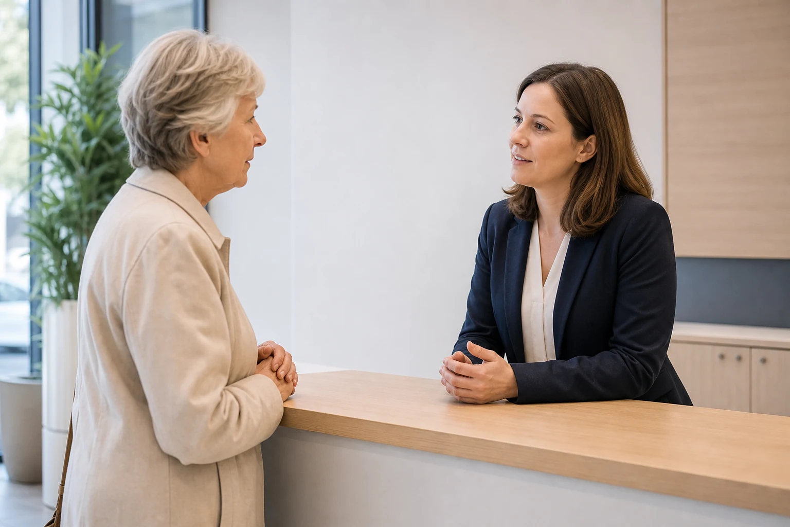 Cliente âgée échangeant avec une conseillère bancaire