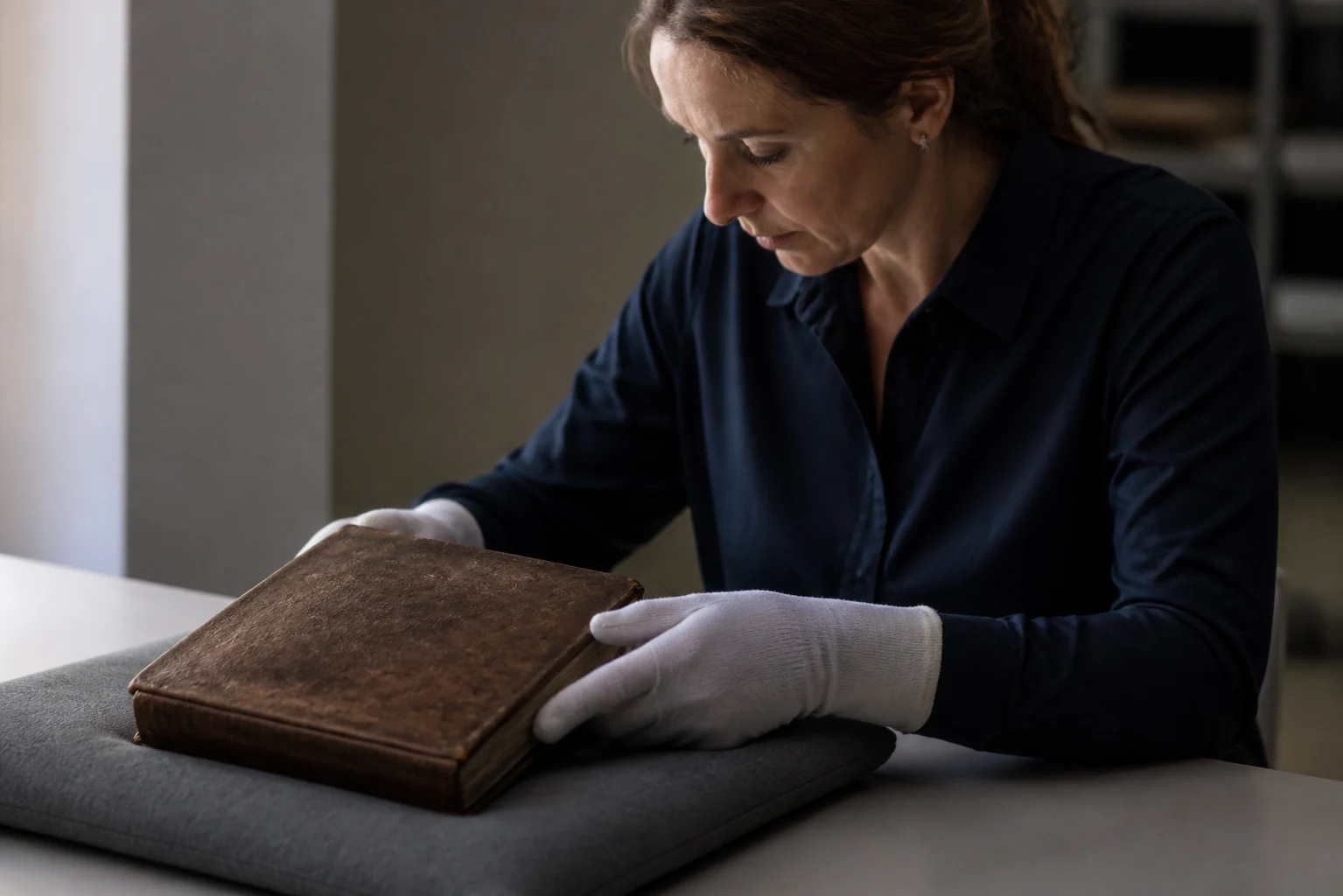 Conservatrice examinant un livre ancien fermé