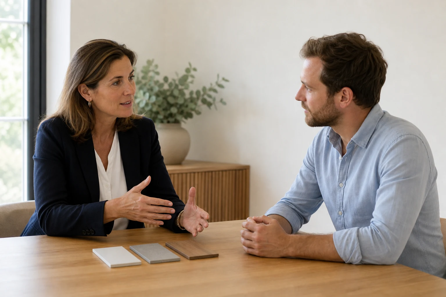 Conseillère et client échangeant sur des critères de décision